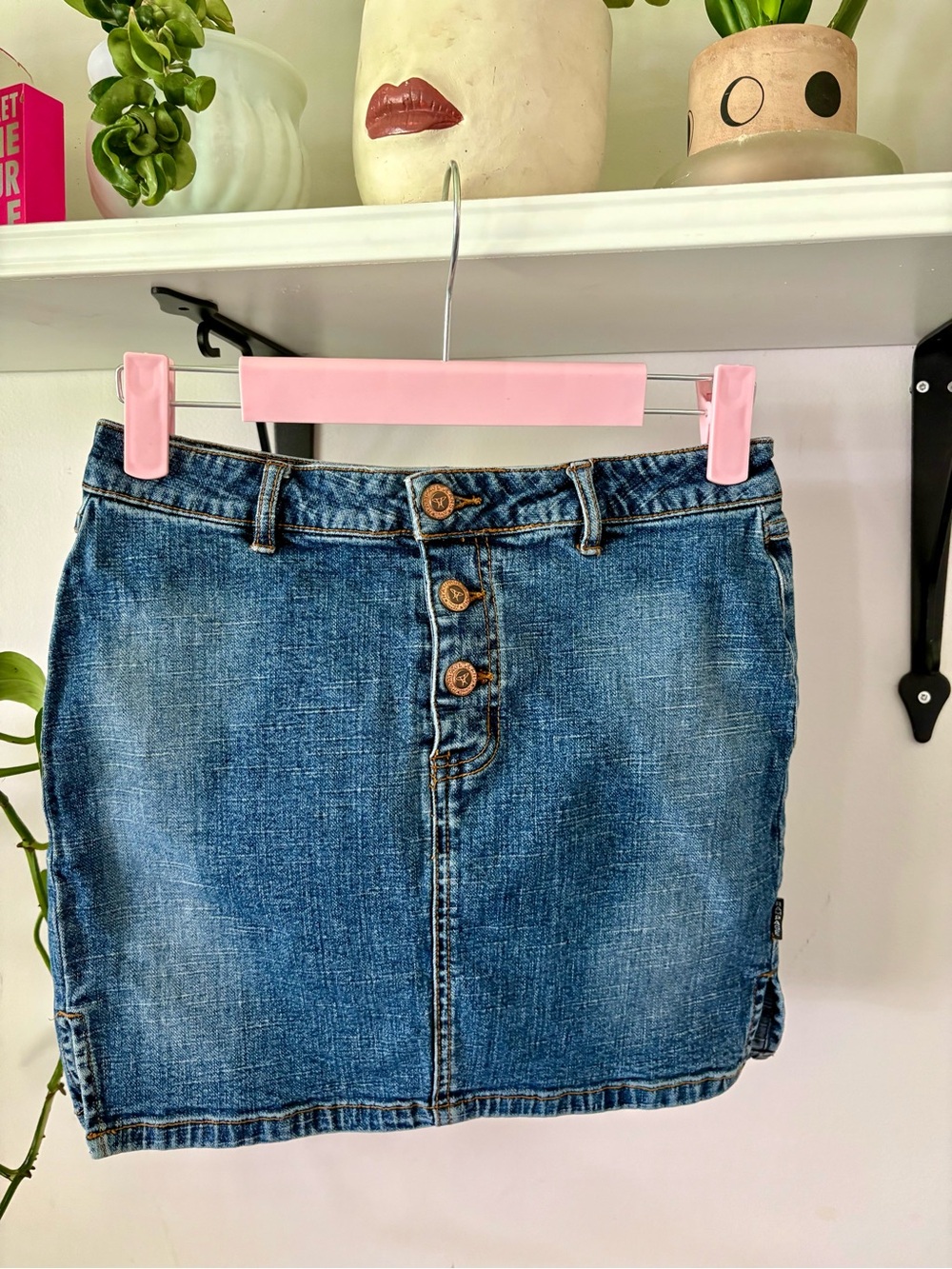 Denim Button-Front Mini Skirt - Blue